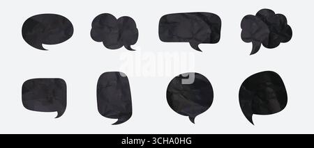Trendige Komponentenkollektion mit schwarzen Sprachblasen aus zerknittertem Papier. Clipart für soziale Medien, moderne Retro-Vektor-Illustration für mi Stock Vektor