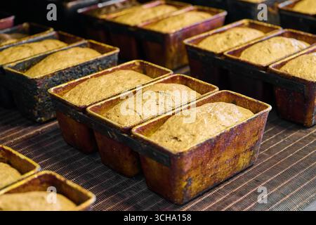 Fermentierter Teig in Brotpfannen, zubereitet zum Backen in einer belebten Bäckerei Stockfoto