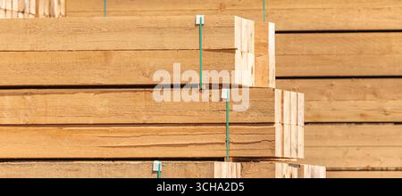 Gestapelte, bearbeitete Holzblöcke. Holzbretter, Holz, Industrieholz, Holz. Kiefernholzprodukte. Lagerbestand Stockfoto
