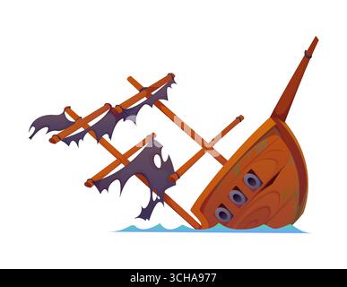 Ein halb versunkenes Piratenschiff mit zerrissenen schwarzen Segeln und gebrochenen Masten, das sich in die Meereswellen lehnt. Isoliertes Vektor-Oldtimer-Boot für Fantasy-Spiele, nautische Abenteuer oder Schatzsuche Stock Vektor