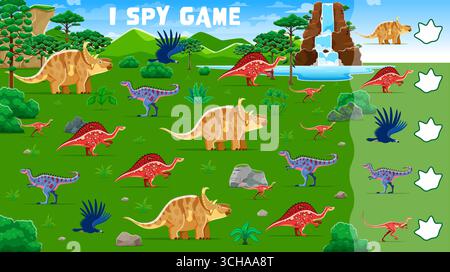 Ich spioniere mit prähistorischen Dinosauriern. Kinder-Berechnungsprätsel, Objektsuche oder Zählspiel-Vektor-Arbeitsblatt mit Pachyrhinosaurus-, Ouranosaurus-, Alectrosaurus- und argentavis-Dinosaurier-Charakteren Stock Vektor