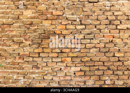 Detaillierte Ansicht der rustikalen Steinmauer mit rauer Textur und Erdtönen, ideal für architektonische Hintergründe, Vintage-Design und natürliche Oberflächenmuster Stockfoto