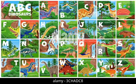 Prähistorische Dinosaurier-Kinder-Alphabet mit Zeichentrickfiguren im Dschungelwald. englische Vektorbuchstaben mit süßen jurassischen Reptilien. Kinderpädagogungsplakat mit Dinosaurier abc Stock Vektor