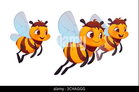 Cartoon-Honigbienen-Charaktere Familie. Vektor fröhliche Bienen fliegen in Formation mit hellgelben Körpern, blauen Flügeln und freundlichen Ausdrücken, die Teamarbeit, Natur und Bestäuber im Garten symbolisieren Stock Vektor
