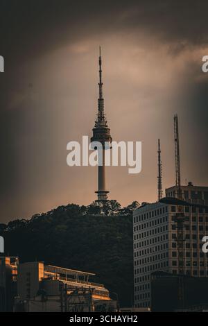 Der N Seoul Tower erhebt sich zur goldenen Stunde in Seoul, Südkorea, über den bewaldeten Hängen von Namsan. Stockfoto