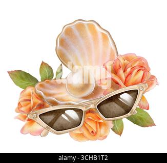 Offene Muschel mit Perlen, beiger Sonnenbrille und orangen Rosen. Handgemalte Aquarellillustration auf weißem Hintergrund. Perfekt für Sommerkarten, Urlaubsmotive, Strandmotive und Blumendekorationen. Stockfoto