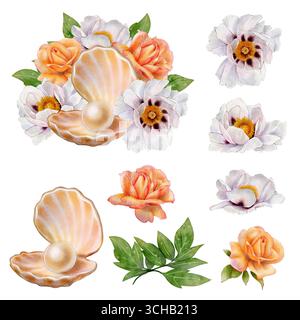 Set aus handbemalten Perlmuscheln, orangen Rosen, weißen Baumpfingstrosen und grünen Blättern. Aquarellblumen- und Meereselemente auf weißem Hintergrund. Perfekt für Karten, Einladungen und Dekor. Stockfoto