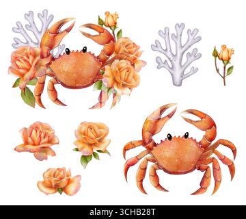 Mit fröhlicher Orangenkrabbe, blühenden orangen Rosen und lila Korallenzweigen. Aquarellzeichnung auf weißem Hintergrund. Perfekt für Sommerkarten, Einladungen und Dekorationen. Stockfoto