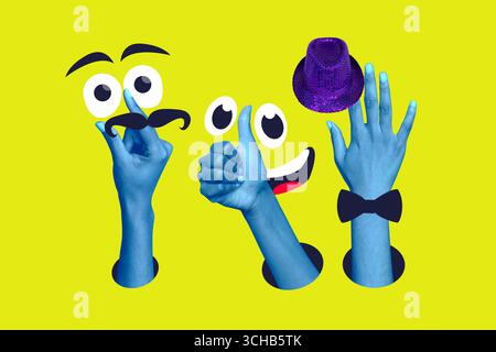 Poster Trend Collage Bild von menschlichen Händen zeigen Emoji Geste soziales Netzwerk Daumen-hoch Reaktion Feedback Symbol Cartoon Schnurrbart Stockfoto