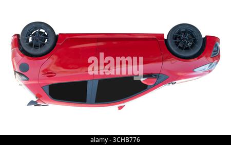 Seitenansicht des umgedrehten Mini- oder kleinen roten Sportfließheckwagens ist auf weißem Hintergrund mit Beschneidungspfad isoliert. Stockfoto