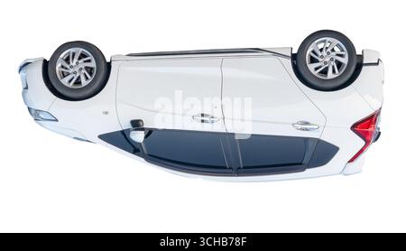 Seitenansicht des umgedrehten Mini- oder kleinen weißen Sportfließheckwagens ist auf weißem Hintergrund mit Beschneidungspfad isoliert. Stockfoto