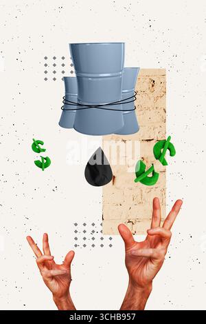 Art Poster Trend Collage Bild der menschlichen Hände Fang Last Drop Öl Fass Dollar Crack Inflation Problem Wirtschaft Zusammenbruch Diskriminierung Stockfoto