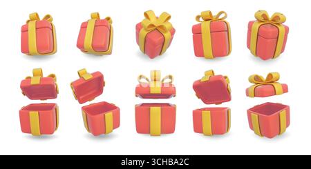 3D-Geschenkbox. Öffnen Sie die Geschenkschachtel, den weißen Preis, die verschlossene Verpackung mit gelbem Band. Farbe Frühling Happy Birthday Hochglanz niedliche Zeichentrickserie Rendern isolierte Elemente verschiedene Winkel Ansicht. Vektorsymbole Stock Vektor
