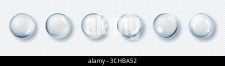 Wassertropfen. 3D-Glaströpfchen. Gel-Textur mit weißer oder blauer Säure. Flüssiges klares Kollagenfeuchtigkeitsserum. Öltropfen. Gesichtspflegekosmetik. Taublase. Geometrische Hochglanzform. Vektor-isolierte Produktgruppe Stock Vektor