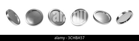 3D-Münze. Hologramm-Geldelement. Holografische Spielwährung oder rotierende Geldsymbole. Casino Token Rendern Mockup. Weißes Metall in perspektivischen Ansichtswinkeln. Vektor-blank Metall-Chips-Set glänzend Stock Vektor