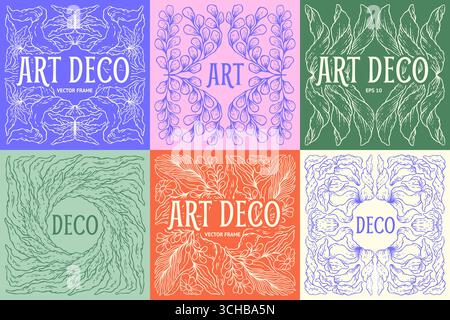Monogramm-Set mit Blumenmuster. Line Art Spa-Rahmen, Hipster-Elemente aus Bio-Blumen oder Art-Deco-Borte. Moderne umrissene handgezeichnete Pflanzen. Dekorative Blätter Hintergrund. Kreatives botanisches Vektordesign Stock Vektor