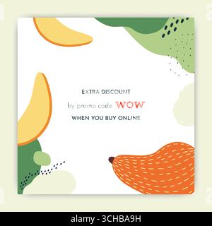 Mangorahmen. Abstrakter Hintergrund für soziale Medien, tropische Früchte Sommerverkauf und Rabatt Flyer botanisches Design. Vorlage für Sonderangebote. Marketingförderung. Vektor-isolierte Kritzelillustration Stock Vektor