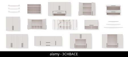 Schrankablage. Küche mit offenem Schrank. Wandschubladenregale. Leerer Schrank. Bücherregal aus Holz. Appartementmöbel. Wohnraum-Stauraum-Kommode. Haushaltsbücherregal. Vektor-isolierte Objektgruppe Stock Vektor