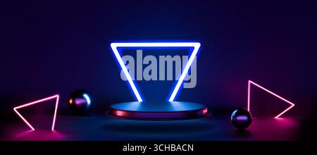 Neon-Podium. Casino-Spiellichtplattform für Präsentationen, geometrische 3D-Shoppingproduktszene in Schwarz und Violett. Realistisches LED-Rendering. Schaufenster für die Ausstellung. Verkauf und Rabatt. Vektorhintergrund Stock Vektor