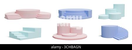 Treppenpodium. 3D-Raumständer, Produktzylinderbühne oder Treppenplattform Konzept. Glatte, abstrakte Hintergrundfarben in Pastellfarben. Produktpräsentation. Säule und Treppe. Vektorabbildung Stock Vektor