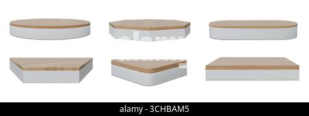 Hölzerne Podium. Holzsockel, Plattform- oder Grundtisch, Produktständer. 3D-Boden, weiße quadratische Platte. Minimales Schaufenster für Ausstellung und Produktpräsentation, Studio-Display. Vektor-isoliertes Modell Stock Vektor