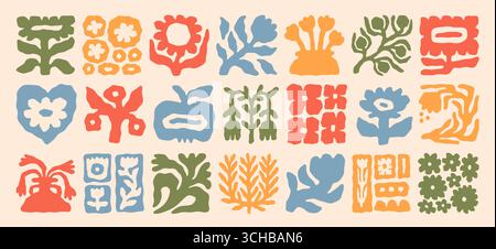 Blumenmuster. Abstrakte Naturelemente, Pflanzenblätter der grünen Kunst oder Blätter der Retro-Bäume. Vintage-Blumenhintergrund. Retro-Hippie-Blüten mit dekorativen botanischen Elementen. Aufkleberset. Vektorplakat Stock Vektor