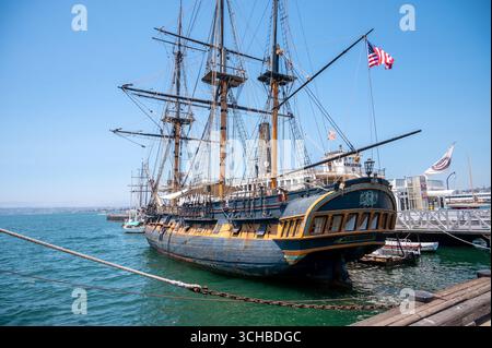 San Diego, Kalifornien - 7. August 2025: HMS Suprise Fregatte Replik im Maritime Museum of San Diego. Stockfoto
