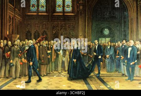 Rednerprozession, 1884. Von Francis Wilfred Lawson (1842–1935). Der Speaker's Prozession durch die Lobby des House of Commons, angeführt von Henry Bouverie William Brand, 1. Viscount Hampden (1814–1892). Premierminister William Ewart Gladstone (1809–1898) ist rechts neben dem Gemälde zu sehen. Stockfoto