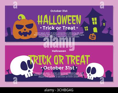 Halloween Banner Kollektion Set mit Kürbis, Schädel und Spukhaus ideal für saisonale Veranstaltungen und Verkäufe. Illustration „Trick or Treat“-Banner. Stock Vektor