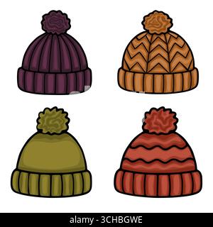 Eine Vektor-Illustration mit vier verschiedenen Winter-Mützen, jede mit einem einzigartigen Strickmuster und einem flauschigen Pompon, präsentiert in einem sauberen weiß Stock Vektor