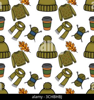 Nahtloses Vektormuster mit gemütlichen Herbst- und Winteraccessoires: Strickmützen, Schals, Pullover mit Blattmuster, Garn mit Stricknadeln, Stock Vektor