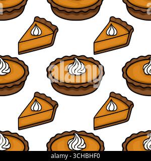 Nahtloses Vektormuster mit bezaubernden Illustrationen von Kürbiskuchen und -Scheiben, verziert mit Schlagsahne, in einem entzückenden Zeichentrickstil, perfec Stock Vektor