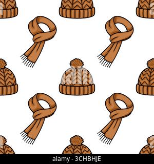 Nahtloses Vektormuster mit handgezeichneten Illustrationen von braunen Strickmützen mit Pompons und passenden Schals, die einen gemütlichen Stil schaffen Stock Vektor