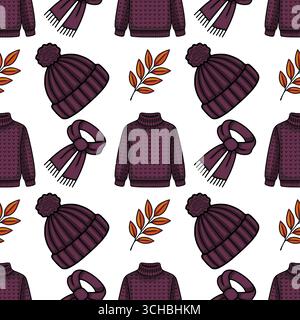 Nahtloses Vektormuster mit einer stilvollen Anordnung von gestrickten Winteraccessoires? Lila Beanie-Hüte, Rollkragenpullover und Schals? Intersp Stock Vektor