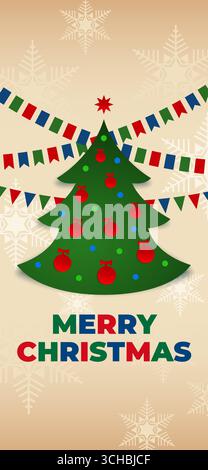 Frohe weihnachten, Glückwunschkarte für das neue Jahr, Hintergrundbild. Weihnachtsbaum, Girlande, Schneeflocke. Kreatives Design für Postkarte, Einladung, Grußkarte Stock Vektor