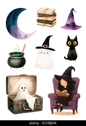 Aquarell Halloween Pack mit niedlichen Spooky Elementen, Kürbissen, Fledermäusen, Hexen und Skeletten Stockfoto