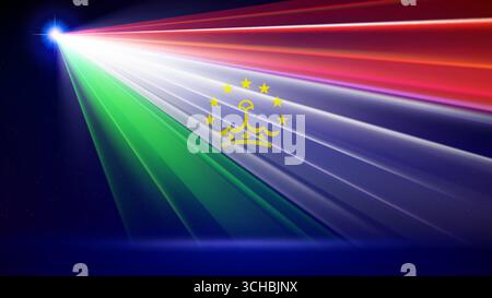 Laserflagge von tadschikistan. Lasershow auf dunkelblauem Hintergrund. Tadschikische Nationalflagge. Mehrfarbiges Vorlagenbanner, Poster für den Nationalfeiertag Stock Vektor