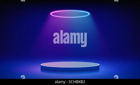 Futuristische blaue Bühne, Podium. Blauer Raum mit rundem Podest, beleuchtet von kreisförmigem magentaflauen Neon, LED-Halos. Hintergrund für die Anzeige Stock Vektor
