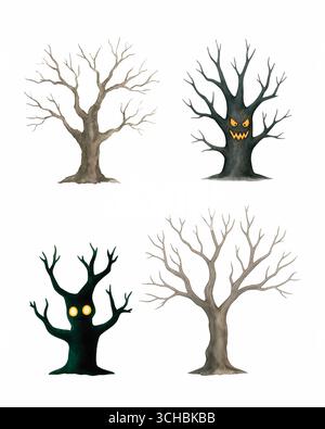 Aquarell Halloween Pack mit niedlichen Spooky Elementen, Kürbissen, Fledermäusen, Hexen und Skeletten Stockfoto