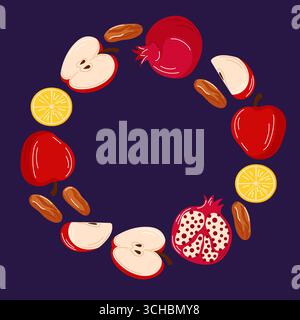 Farbenfroher Kranz aus Apfel, Granatapfel, Zitrone und Datteln, angeordnet in einem kreisförmigen Rahmen auf einem dunklen Hintergrund, der Ernteernahrung und symbolisiert Stock Vektor
