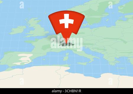Schweiz auf der Europakarte mit Flaggensymbol hervorgehoben. Detaillierte Vektorkonstruktion. Stock Vektor