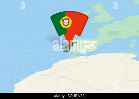 Portugal auf der Europakarte mit Flaggensymbol hervorgehoben. Detaillierte Vektorkonstruktion. Stock Vektor