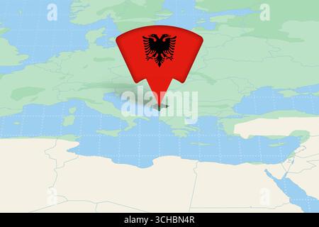 Albanien wird auf der Europakarte mit Flaggensymbol hervorgehoben. Detaillierte Vektorkonstruktion. Stock Vektor