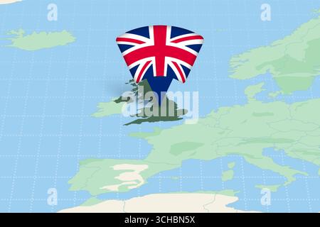 Vereinigtes Königreich auf der Europakarte mit Flaggensymbol hervorgehoben. Detaillierte Vektorkonstruktion. Stock Vektor