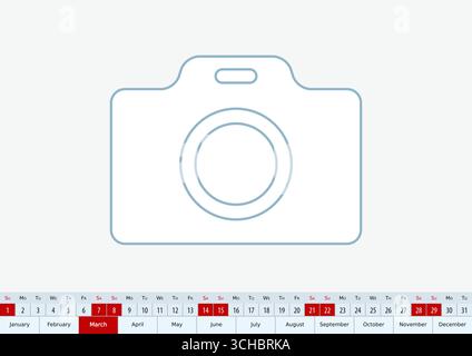 März 2026 für Tischkalender, einzeiliger Vektor-Vorlagenkalender in Englisch. Stock Vektor