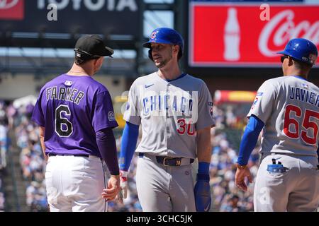 31 2025. August: Kyle Tucker (30), der in Chicago Right Fielder spielt, bekommt einen Hit während des Spiels zwischen den Chicago Cubs und den Colorado Rockies im Coors Field in Denver Co. David Seelig/Cal Sport Medi Stockfoto