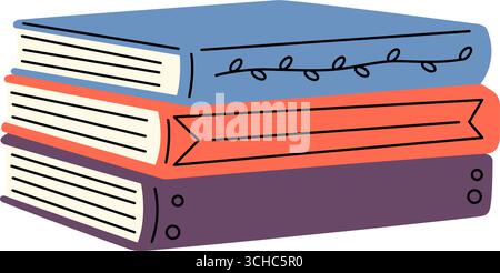 Drei gestapelte Bücher in Blau, Orange und Lila mit Deckbändern. Flache Illustration für gemütliches Lesen und Lernen Stock Vektor
