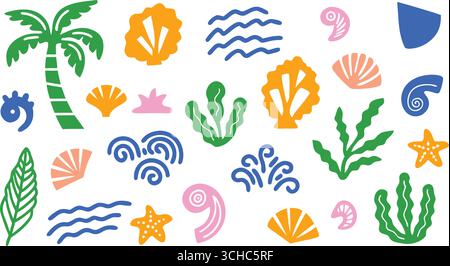 Tropische exotische Ozean Strand Szene mit Palmen Sonnenwellen Muscheln Korallen Algen Seesterne und Fische in bunten abstrakten Vektor Illustration Stock Vektor