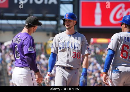 31 2025. August: Kyle Tucker (30), der in Chicago Right Fielder spielt, bekommt einen Hit während des Spiels zwischen den Chicago Cubs und den Colorado Rockies im Coors Field in Denver Co. David Seelig/Cal Sport Medi Stockfoto