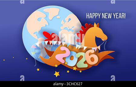 Happy Chinese New Year 2026 Grußkarte mit niedlichem Pferd, das um die Erde galoppiert Stock Vektor